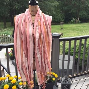 Rachele Long Pink Mauve Striped Scarf Silver Threads Fringe